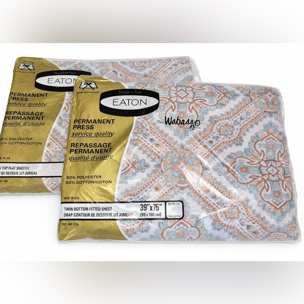 Vintage Eaton Wabasso Twin Sheet Set Permanent Press Turquoise Brown Paisley NOS